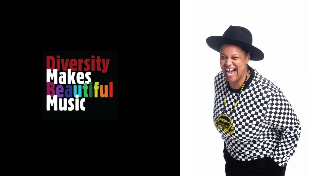 A photo of DJ O Show laughing and looking at the camera. To the left of her photo is text that reads "Diversity Makes Beautiful Music"