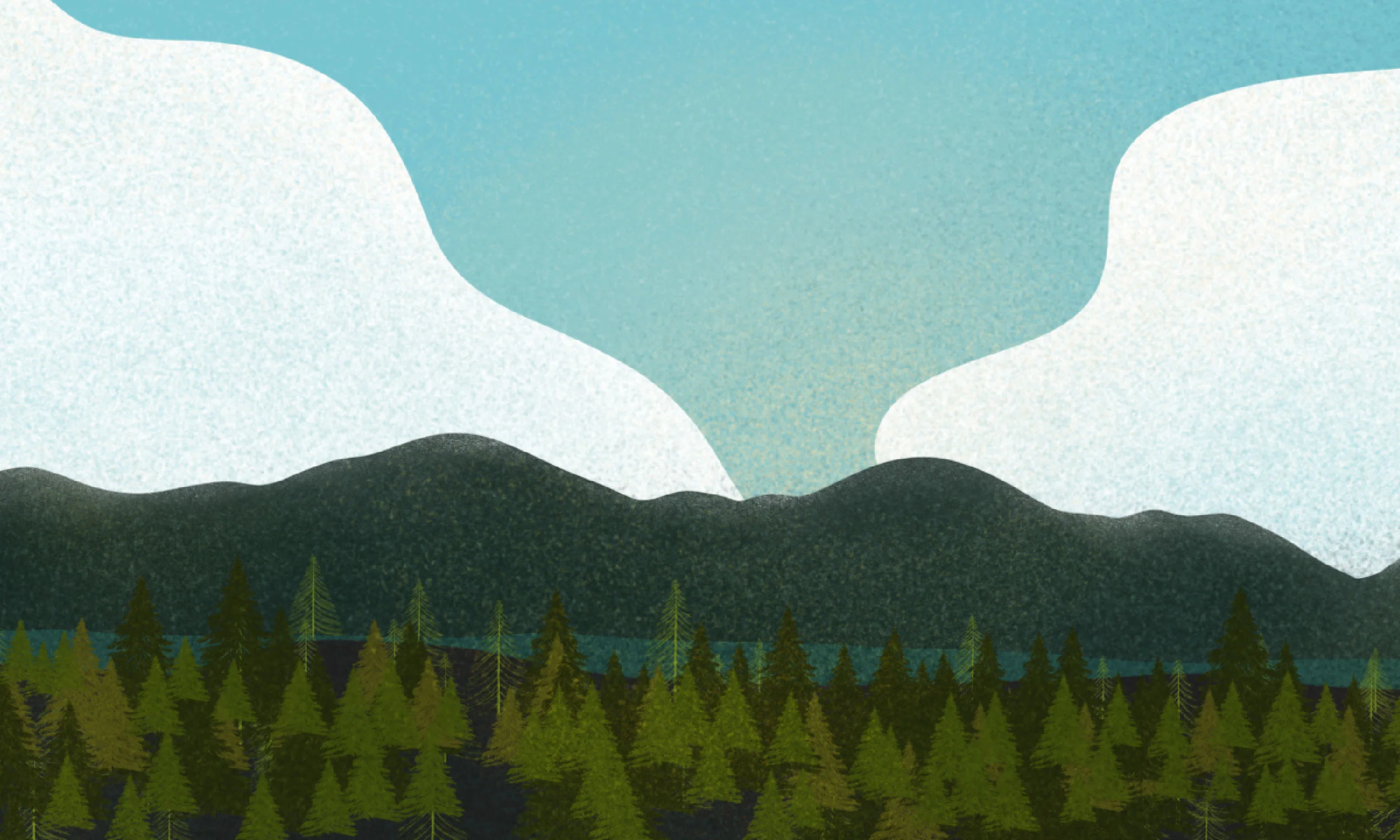 digital illustration of mountains, clouds and trees