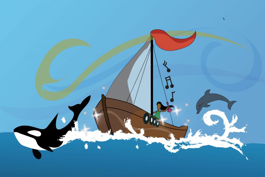 digital illustration of a wooden sailboat with a person aboard holding a small string instrument up. Musical notes float up from the instrument. An orca is in the water in front of the boat and a dolphin is jumping out of the water behind the boat