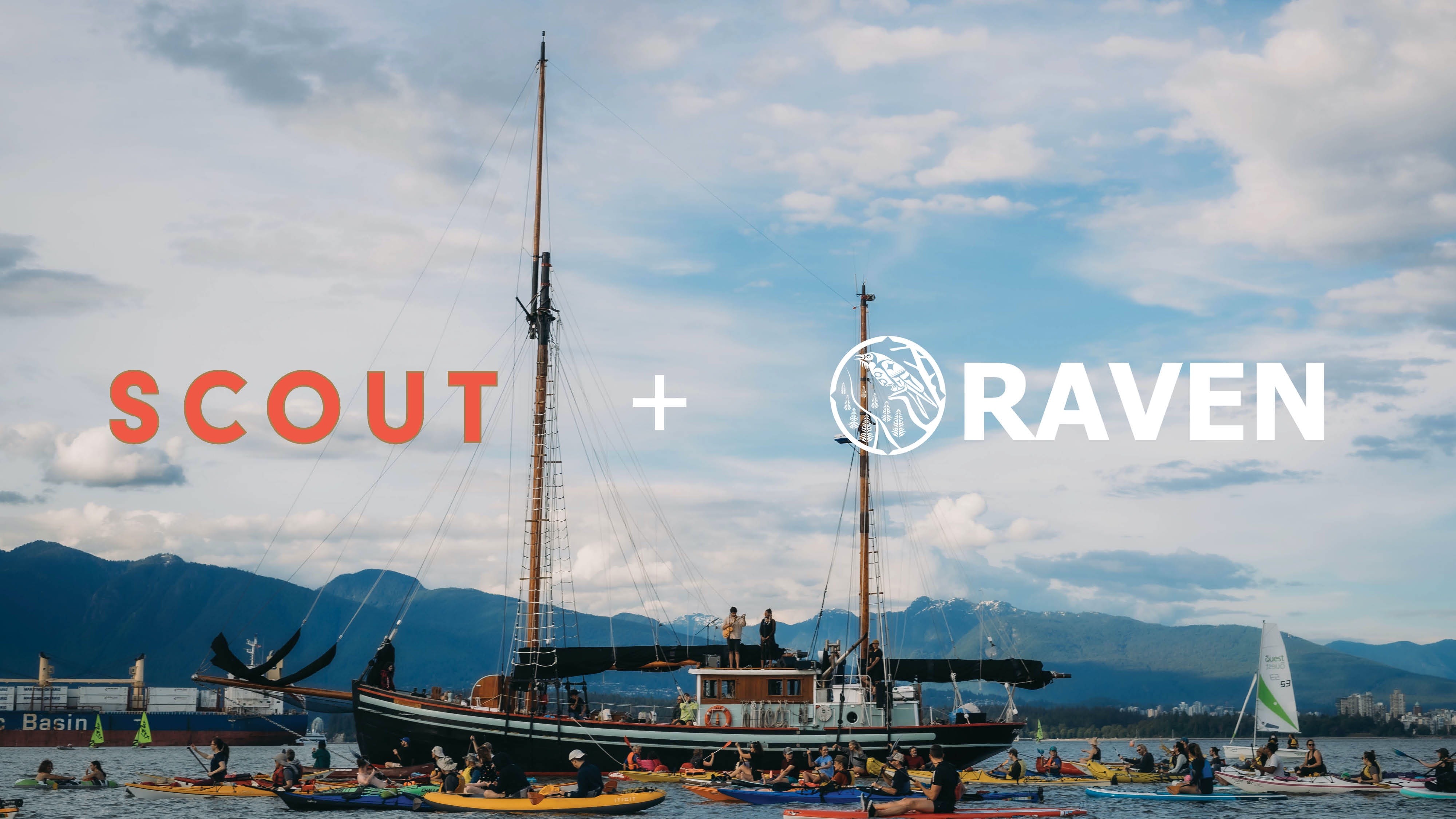 The providence tall ship anchored in the water surrounded by paddlers. The logos from "Scout" and "RAVEN" are centered across the image.