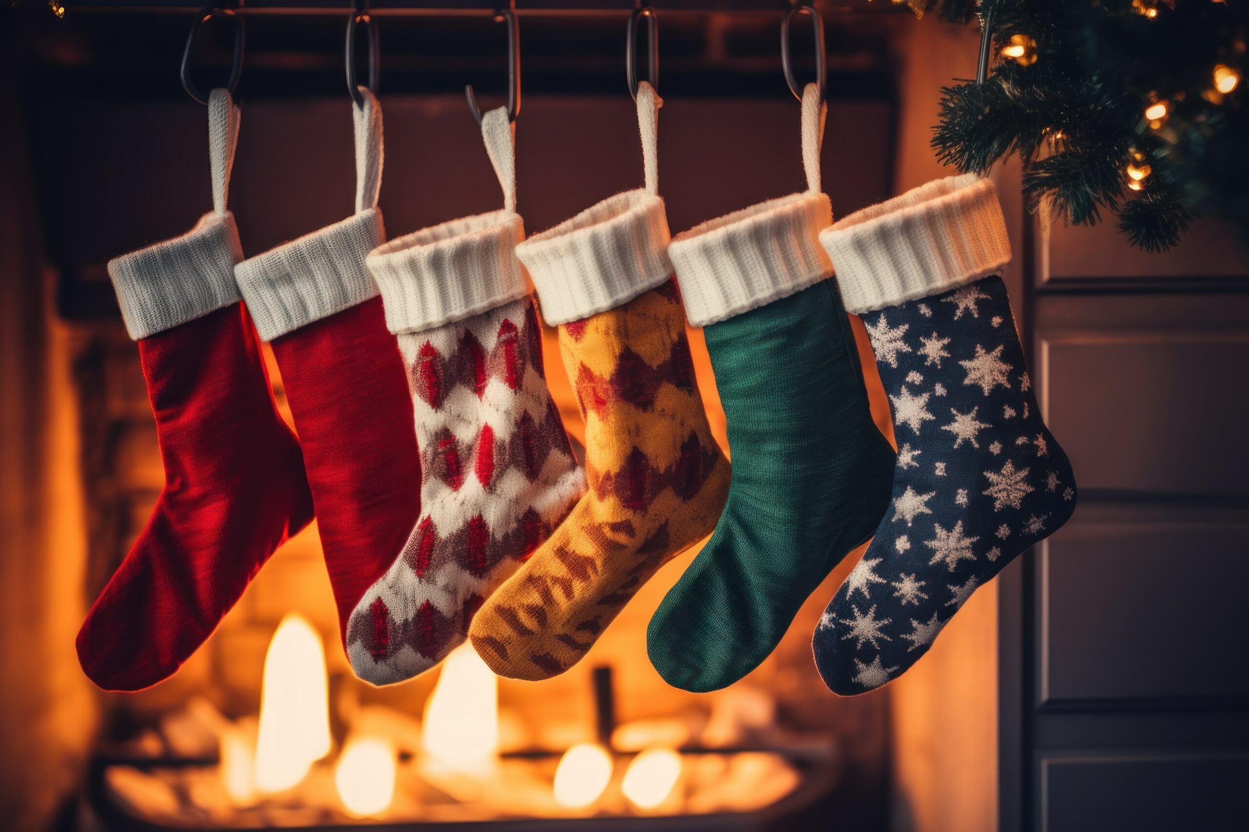 Row of stockings hang in front of a fireplace