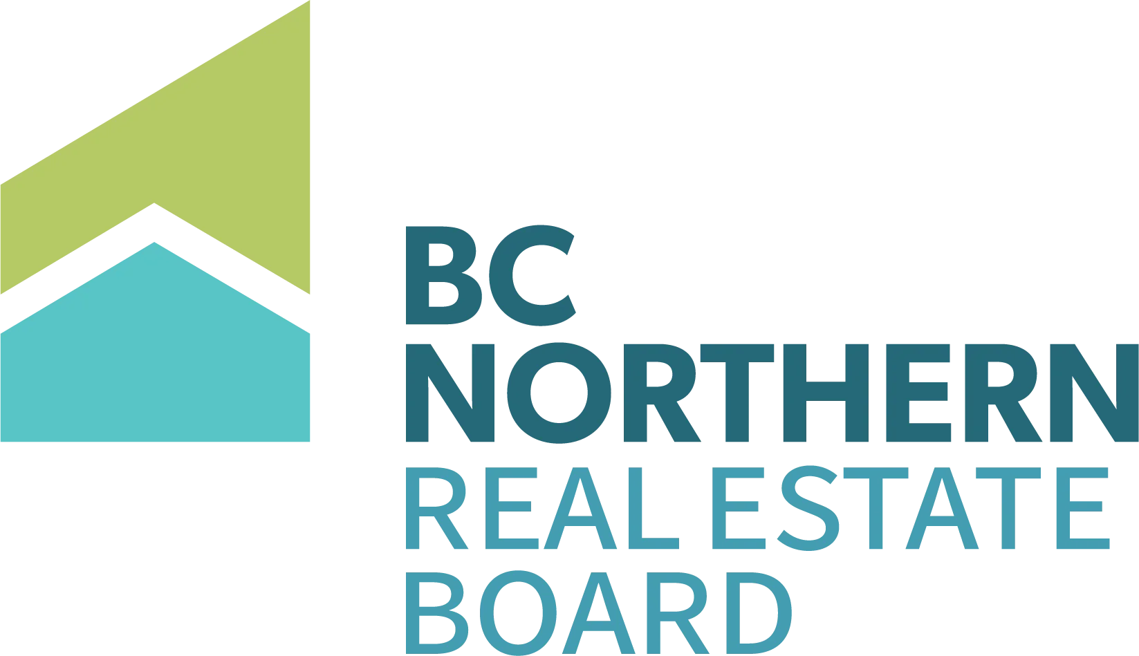 BC Northern real estate board in dark and light teal and a teal and green stylized mountain logo