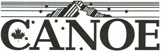 A black and white logo that says Canoe with a line illustration of a mountain and stars