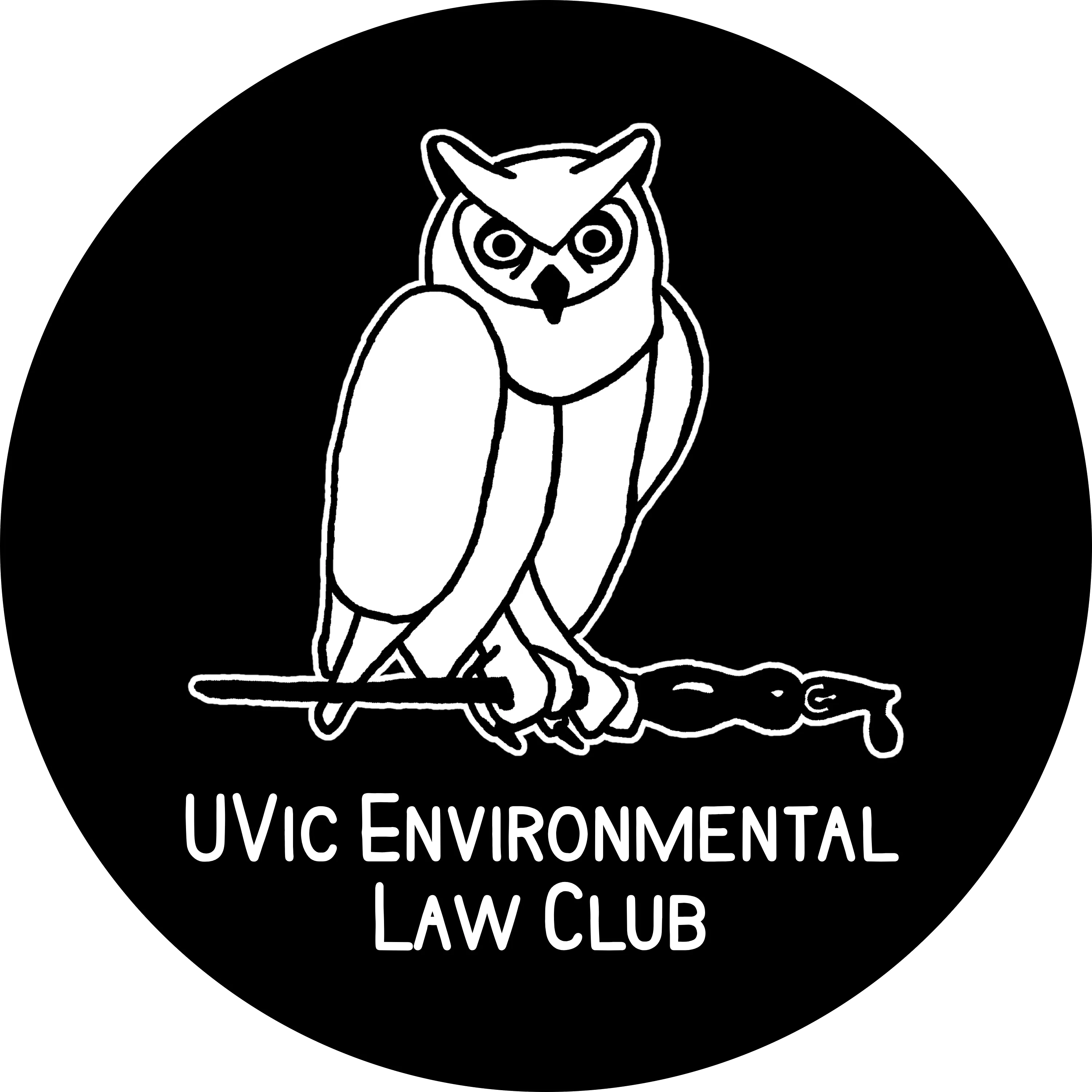 UVic environmental law club black and white logo of an owl on a black stick.